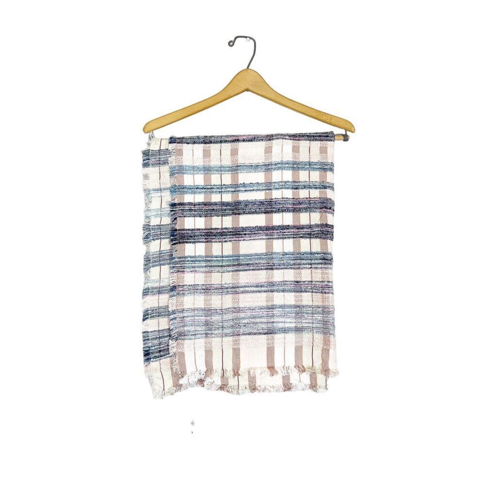 NEW Cejon Plaid‎ Oversize Scarf Pastel Boho Rectangle Raw Hem Fringe